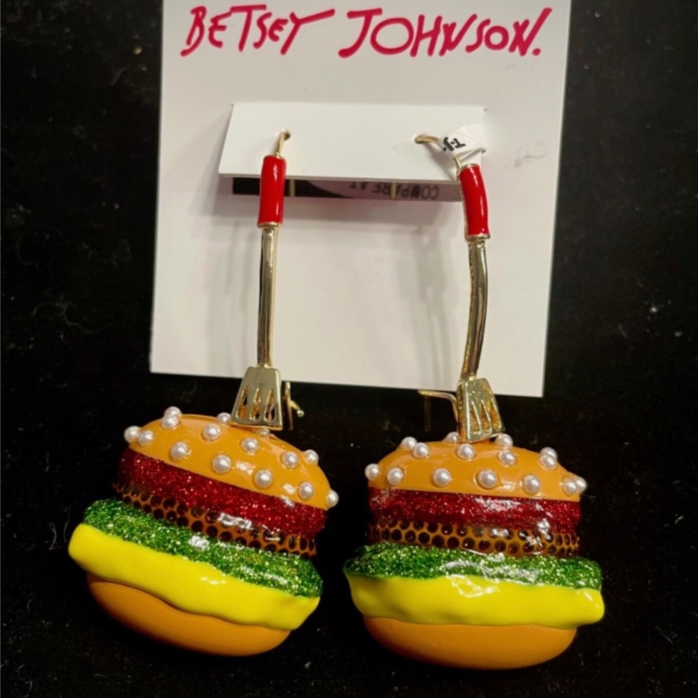 *~* NEW Betsey Johnson Gold Spatula & Glitter Jewel Hamburger Drop Earrings